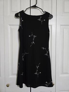 Denial small women's black and white floral dress with sheer overlay